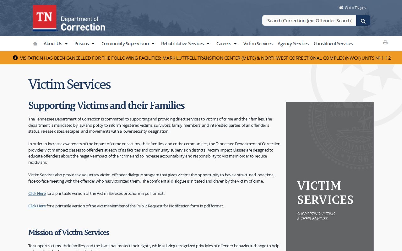 TDOC victim services showing Tennessee VINE state custody scope