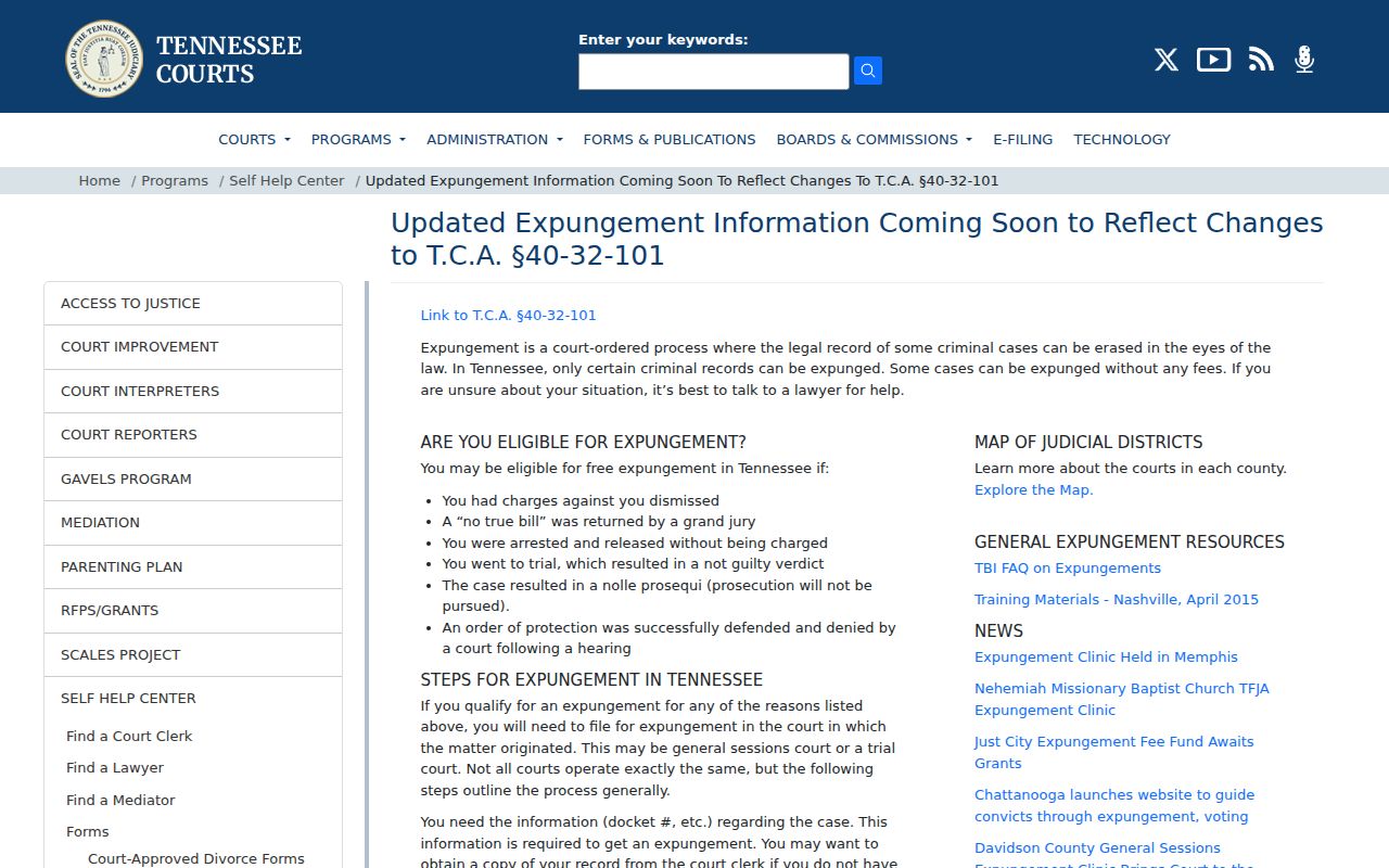 Tennessee Courts correction and expungement pathway for Moore County arrests